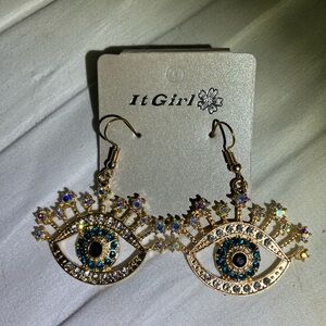 Crystal Evil Eye Earrings Brand New Rhinestones Gold Tone Gorgeous Sparkly Bling